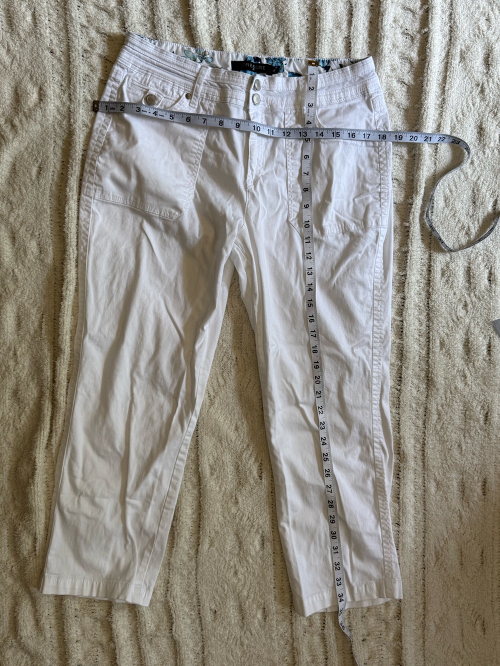 ONE5ONE White Cropped Pants Floral Waistband Stretch Cotton Size 10 - Picture 6 of 14